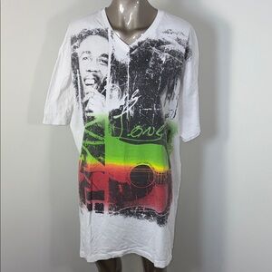 Bob Marley White Graphic V-Neck Men’s T-Shirt with Rasta Guitar Print
